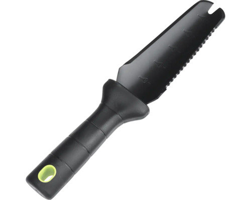 Transplantoir de jardin avec bord dentelé et échelle de profondeur