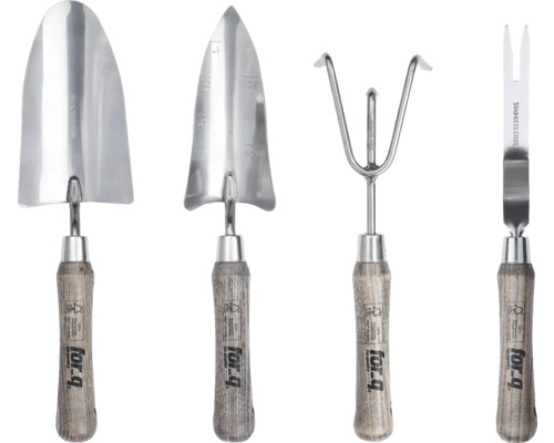 Set d’outils de jardin composé d’une truelle à fleurs, d’un transplantoir, d’une houe à mauvaises herbes et d’une fourche à planter avec manche en bois de for-q