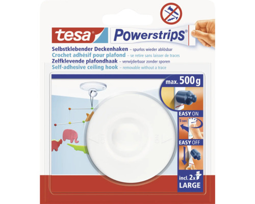 Tesa Powerstrips Deckenhaken, selbstklebend und rückstandslos entfernbar, maximale Traglast 500 Gramm