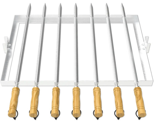 Sieben Grillspiesse mit Holzgriff und Grillgestell