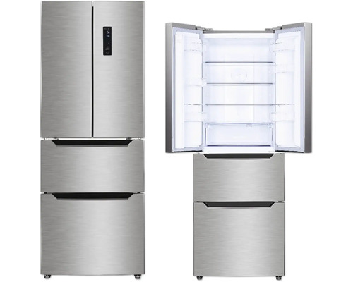 Wolkenstein FD351.4A++NFIX Réfrigérateur et congélateur French Door argent Réfrigérateur américain argenté avec deux portes fermées et ouvertes