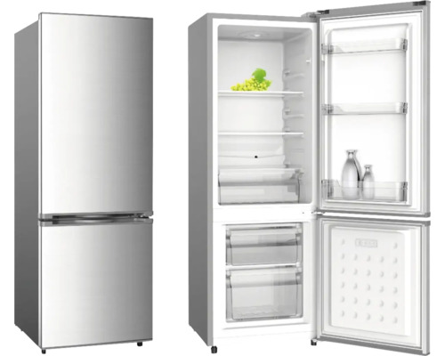 Ensemble réfrigérateur-congélateur PKM KG173CIX lxhxp 50 x 145 x 52 cm compartiment réfrigération 123 l compartiment congélation 38 l argent Réfrigérateur-congélateur argenté avec porte ouverte