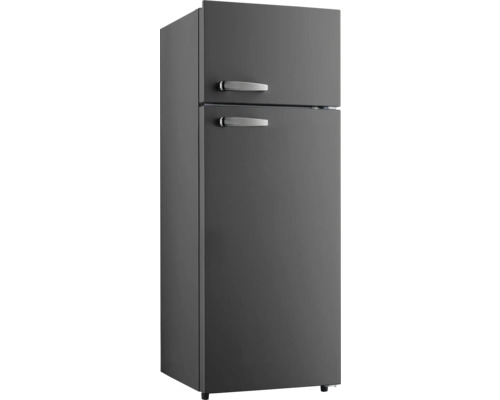 Freistehender grauer Kühlschrank mit Gefrierfach oben