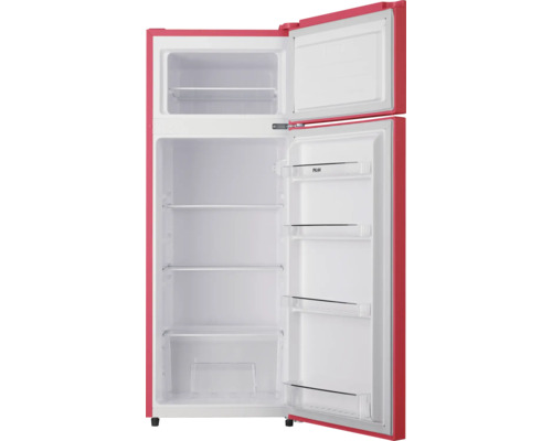 Réfrigérateur rouge ouvert avec plusieurs étagères