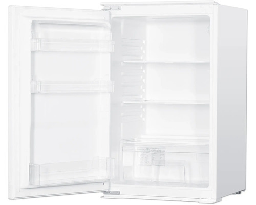 Geöffneter, weisser Kühlschrank mit Regalböden