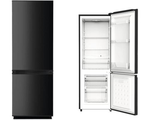 Ensemble réfrigérateur-congélateur PKM KG173CB lxhxp 50 x 145 x 52 cm compartiment réfrigération 123 l compartiment congélation 38 l noir Réfrigérateur noir avec compartiment congélateur, partiellement ouvert
