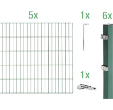 Kit complet pour clôture en treillis métallique double fil : cinq panneaux de treillis, six poteaux, une clé Allen et un couteau