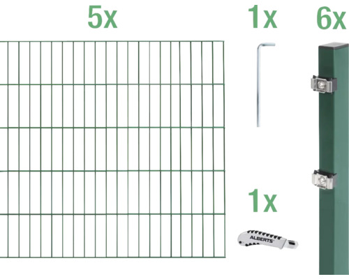 Ensemble de base de panneaux rigides double fil Alberts 10 m 200 x 120 cm, type: 6/5/6, vert Kit complet pour clôture en treillis métallique double fil avec éléments de clôture, poteaux, supports, clé Allen et aide au montage