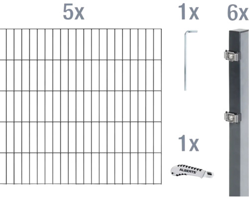 Ensemble complet de panneaux rigides double fil Alberts 10 m hauteur 100 cm, type 6/5/6, anthracite Ensemble complet de panneaux rigides double fil Alberts 10 m hauteur 100 cm, type 6/5/6, anthracite
