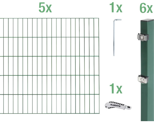 Ensemble complet de panneaux rigides double fil Alberts 10 m hauteur 80 cm, type 6/5/6, vert Kit de clôture avec éléments de clôture, poteaux, clé et couteau