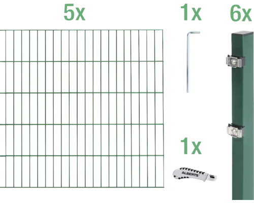Ensemble de grillage de clôture à double fil ALBERTS 6/5/6 1000 x 140 cm vert Composants pour clôture en panneaux rigides : cinq éléments de clôture, six poteaux, une clé Allen et un couteau universel