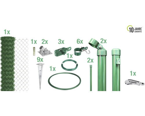 4-Eckgeflecht Set ALBERTS Maschenweite 60 mm für Einschlaghülse 15 x 1,50 m grün Komplettset für Gartenzaun mit Maschendrahtzaun, Pfosten, Bodenhülsen und Zubehör
