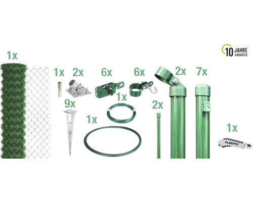 4-Eckgeflecht Set ALBERTS Maschenweite 60 mm für Einschlaghülse 15 x 1,75 m grün Zaun-Zubehörset mit Drahtrolle, Pfosten und Befestigungsmaterial