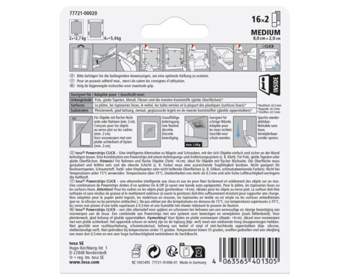 tesa Powerstrips CLICK Medium 16x2 zur Befestigung von Objekten bis 1 kg Gewicht