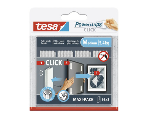 Tesa Powerstrips Click Medium, 16er-Pack, zum Aufhängen von Objekten ohne Bohren
