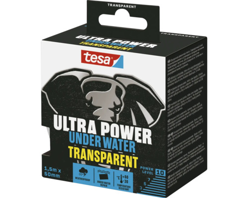 Emballage Tesa Ultra Power Ruban de réparation transparent sous l''eau, 1,5 mètre sur 50 millimètres