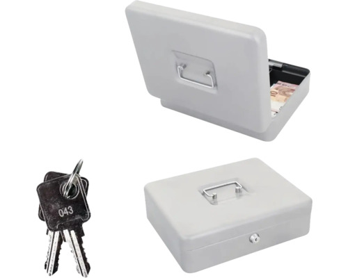 Caisse grise pour argent avec serrure et clé