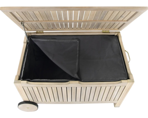 Offene Holz Auflagenbox mit Rädern und wasserdichtem Innensack