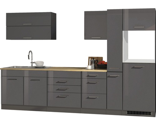 Held Möbel Küchenzeile Mailand 320 cm Frontfarbe grau Hochglanz Korpusfarbe graphit