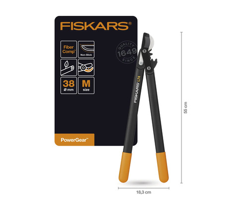Fiskars Logo. Fiskars PowerGear Getriebeastschere L74 mit FiberComp und Antihaftbeschichtung, Schnittdurchmesser 38 Millimeter, Größe M, circa 55 Zentimeter lang und 18,3 Zentimeter breit.