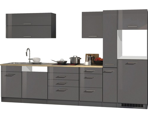 Held Möbel Küchenzeile Mailand 330 cm Frontfarbe grau Hochglanz Korpusfarbe graphit