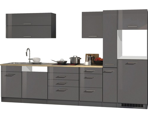 Bloc cuisine complète Held Möbel Mailand 330 cm façade gris à haute brillance, corps graphite variante réversible