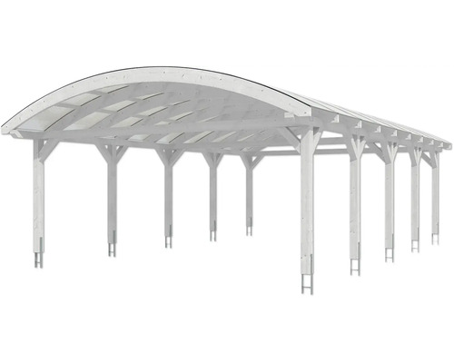 Weisser Holzcarport mit gebogenem Dach