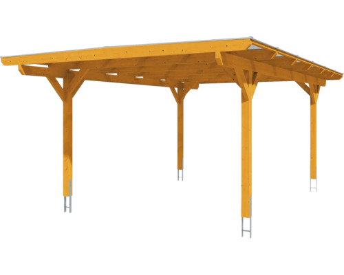 Carport en bois avec toit plat et pieds de poteaux en métal