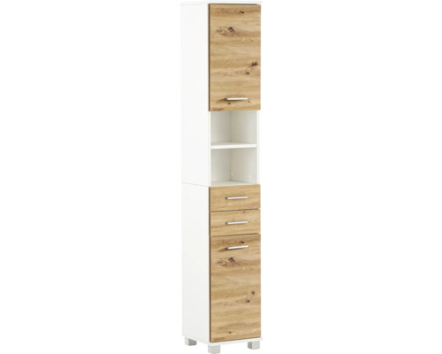 Hochschrank Möbelpartner Palermo BxHxT 30.3x180.9x32.6 cm artisan eiche/weiss Hochschrank mit Tür, Schubladen und offenem Fach für das Badezimmer