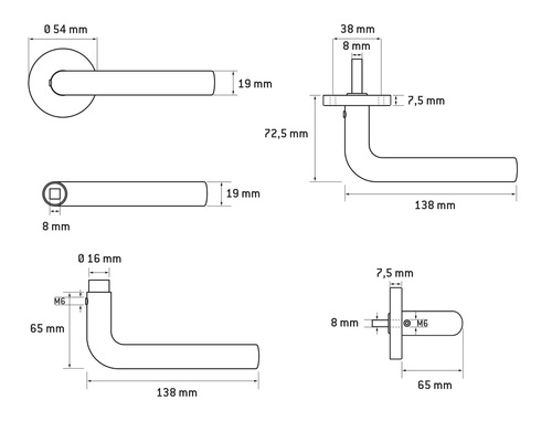 Technische Zeichnung eines Türdrückers mit Massangaben