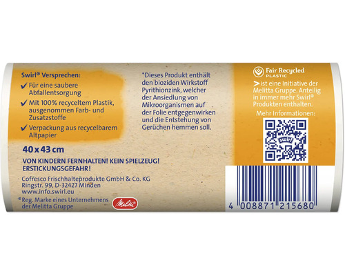 Informations sur le sac poubelle Swirl avec le label Fair Recycled Plastic