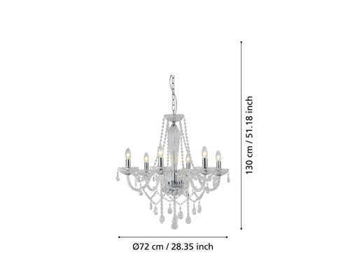 Kristalllüster mit sechs Leuchten und Massangaben zur Grösse