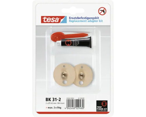 Tesa Ersatzbefestigungskit mit Klebstoff, zwei Adaptern und Applikationshilfe in Verpackung