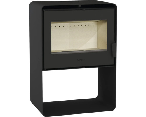 Poêle à bois Nort avec façade en verre et compartiment à bois intégré