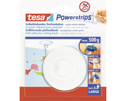 Tesa Powerstrips selbstklebende Deckenhaken, rückstandslos entfernbar, maximale Last 500 Gramm, zwei Stück Größe Large