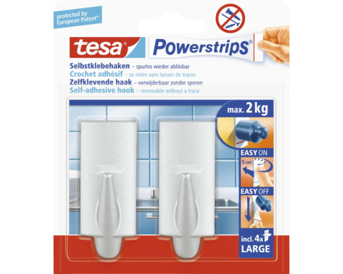 Crochets auto-adhésifs Tesa Powerstrips, charge maximale deux kilogrammes, avec quatre Powerstrips Large