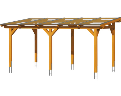 Carport en bois avec six poteaux et toit transparent