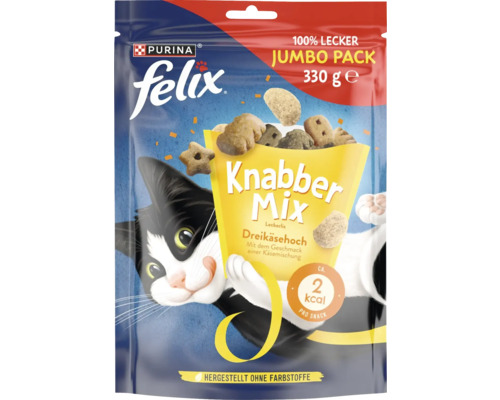 Felix Knabber Mix Friandises trois fromages 330 g Felix Knabber Mix friandises pour chat au goût de fromage en format Jumbo, 330 grammes