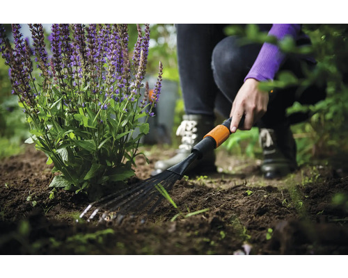 Jardinier préparant le sol avec un râteau à côté d''une plante fleurie dans le jardin.