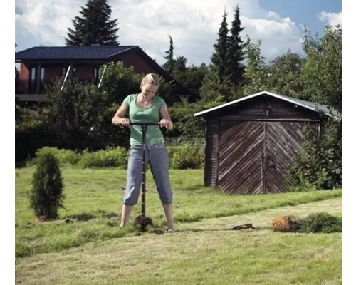 Une femme plante des arbres dans le jardin avec un outil de plantation.