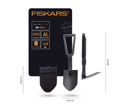 Pelle pliante Fiskars avec sac et indications de taille