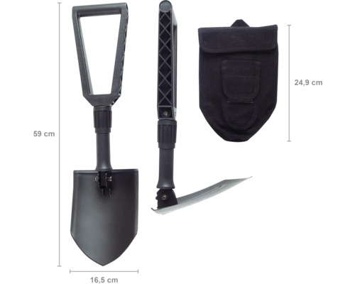 Pelle pliante avec sac, dimensions 59 x 16,5 x 24,9 cm