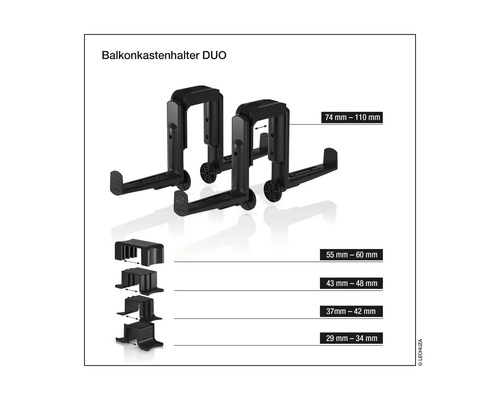 Balkonkastenhalter DUO mit Größenangaben