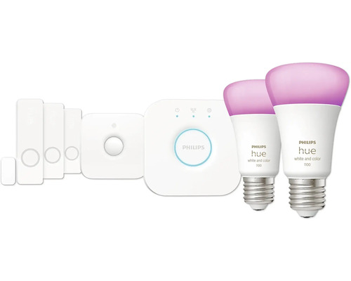 Kit de démarrage Philips Hue avec deux ampoules, variateur d''intensité, détecteur de mouvement et pont