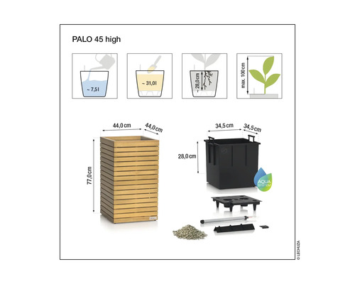 Image d''un bac à plantes Palo 45 high avec dimensions et système Aqua