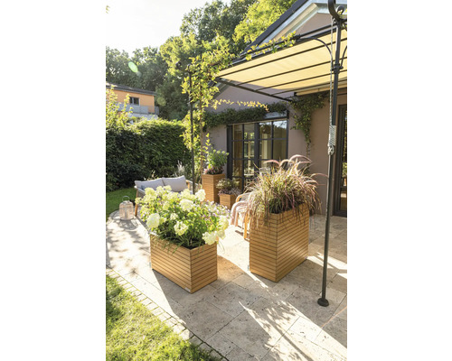 Terrasse avec plantes en bacs en bois, coin salon et store