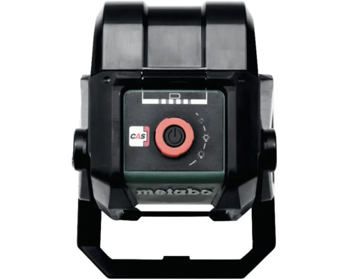 Logo Metabo. Projecteur de chantier sans fil avec indicateur de batterie et interrupteur marche/arrêt.