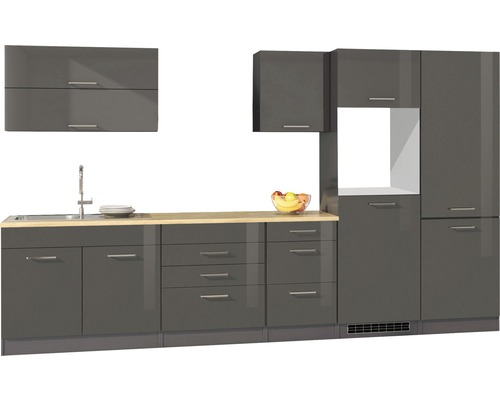 Held Möbel Küchenzeile Mailand 350 cm Frontfarbe grau Hochglanz Korpusfarbe graphit