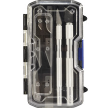 Set de couteaux de bricolage avec différentes lames dans une boîte de rangement