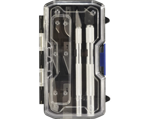 Set de couteaux de bricolage avec différentes lames dans une boîte de rangement